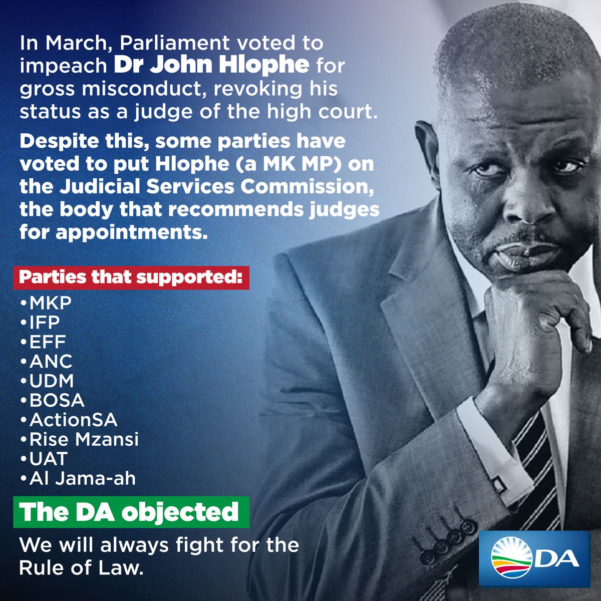 Our_DA's tweet image. ⚖  Protect Our Judiciary: No to Hlophe! 🇿🇦

It is neither reasonable nor rational to elect MK Party's Dr Hlophe, found guilty of gross misconduct, to the JSC. We must uphold judicial integrity and protect our courts' independence and effectiveness.

Read more:…