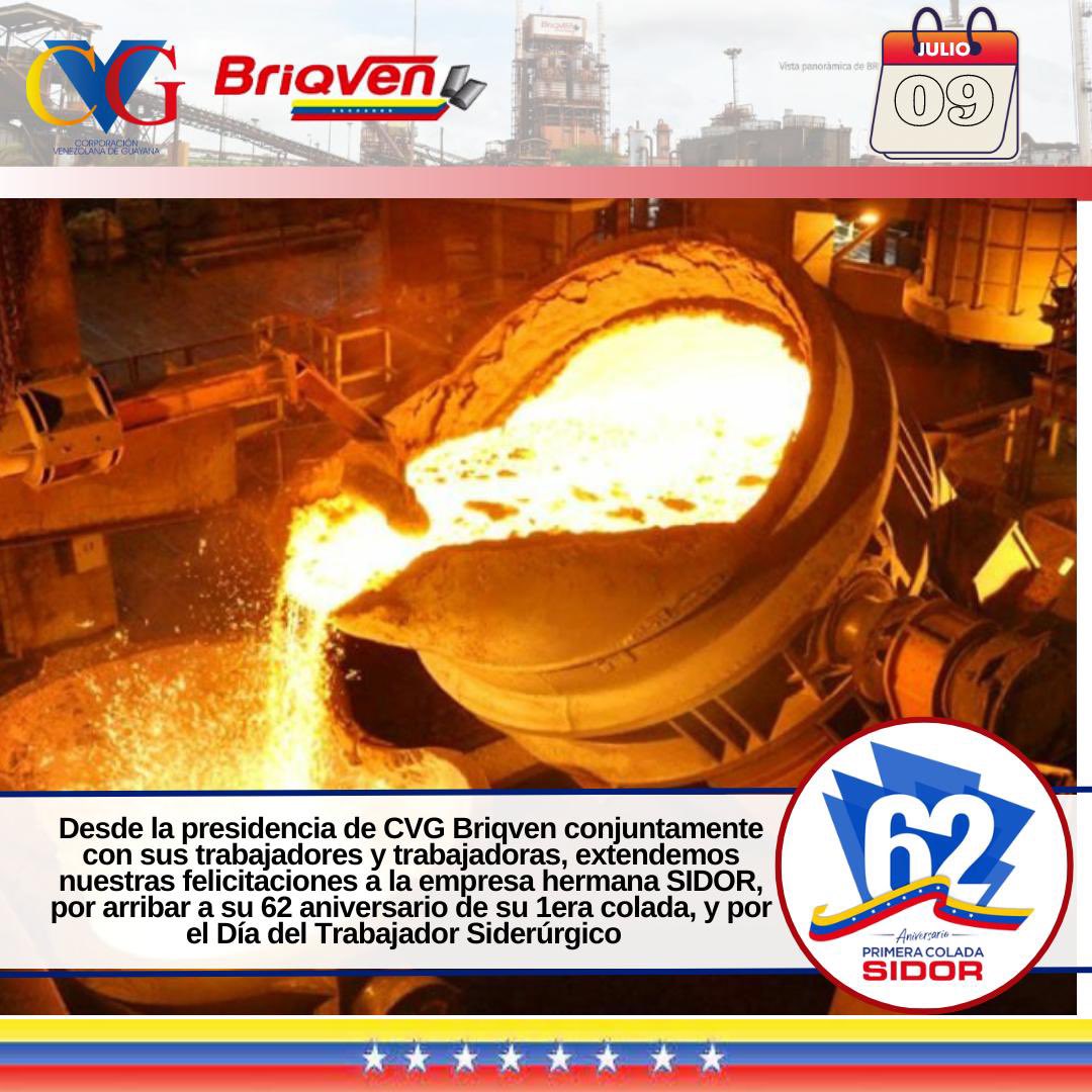 Briquetera de Venezuela (@briqven_cvg) on Twitter photo Desde la presidencia de Briqven conjuntamente con sus trabajadores y trabajadoras, extendemos nuestras felicitaciones a la empresa hermana <a href="/Sidor_oficial/">Siderúrgica del Orinoco Alfredo Maneiro</a>, por arribar a su 62 aniversario de su 1era colada, y por el Día del Trabajador Siderúrgico Desde la presidencia de Briqven conjuntamente con sus trabajadores y trabajadoras, extendemos nuestras felicitaciones a la empresa hermana <a href="/Sidor_oficial/">Siderúrgica del Orinoco Alfredo Maneiro</a>, por arribar a su 62 aniversario de su 1era colada, y por el Día del Trabajador Siderúrgico