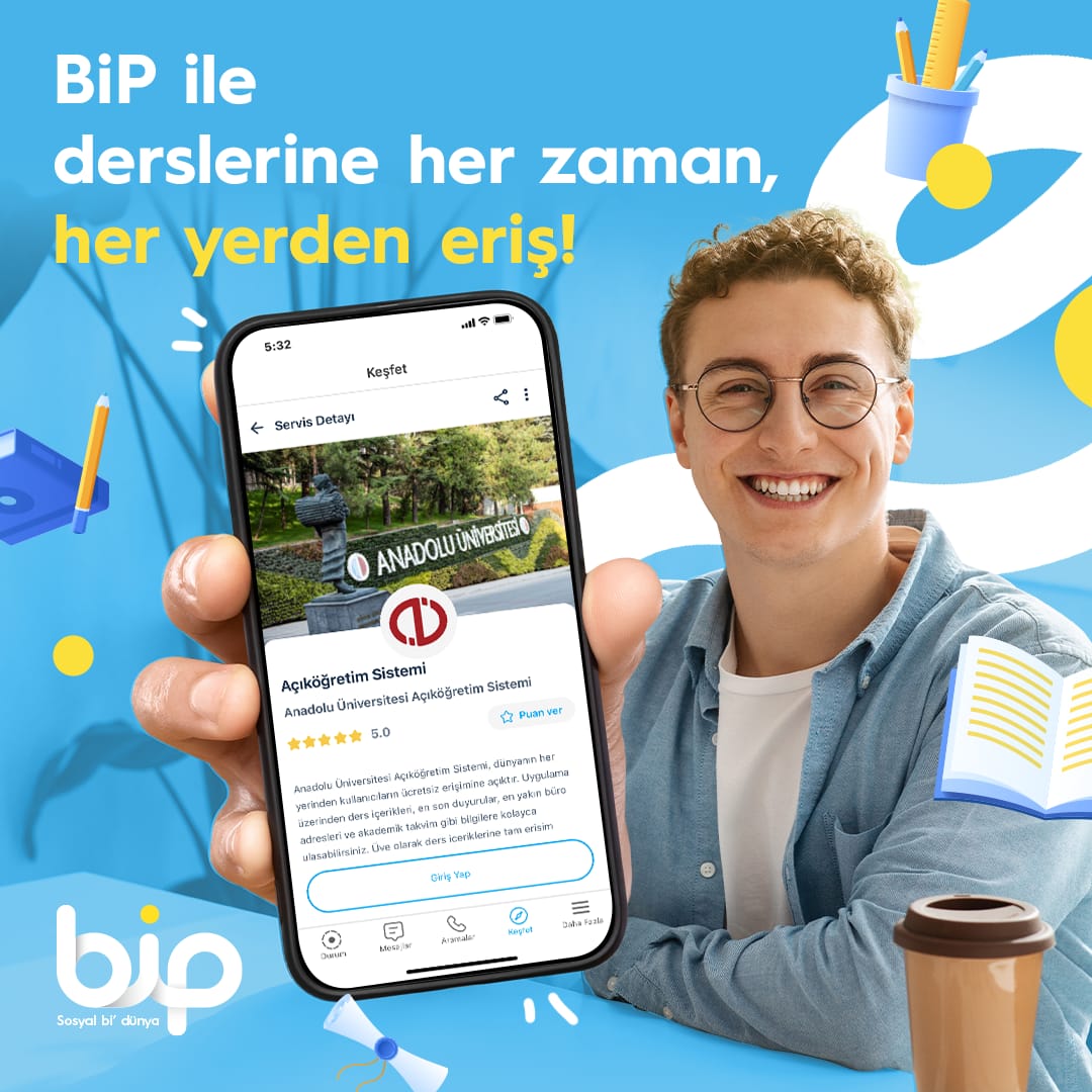 BiP eğitim yolculuğunda Açıköğretim Sistemi öğrencilerinin yanında! 

Açıköğretim Sistemi Servisi ile derslere ve duyurulara anında erişebilir, özel kampanyalardan haberdar olabilirsin. 
👉🏻 turkcell.li/jLyIR