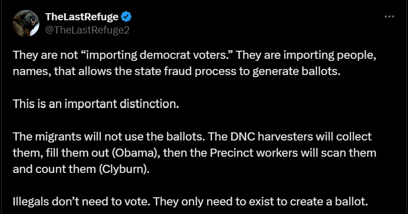 kylenabecker's tweet photo. Great point. This is what people need to understand: Illegal aliens are not being imported to vote themselves. 

They are here to provide Democrat operatives with the opportunity to ballot harvest and to drop the ballots off at inner city drop boxes in swing states.

You can tell by the way the Democrats universally:
- Oppose voter IDs
- Oppose cleaning voting rolls
- Oppose single-day elections
- Endorse mass mail-in ballots
- Endorse electronic voting machines
- Endorse unchecked illegal immigration

The Socialists are conquering America — but it's not with bullets, but with ballots.