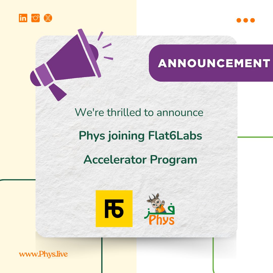 phys_sa's tweet photo. يسعدنا الإعلان عن انضمام فز إلى مسرّعة الأعمال Flat6Labs ! 

We’re thrilled to announce Phys joining  Flat6Labs accelerator program! 

 وهي شركة رائدة في مجال الاستثمار الأولي وريادة الأعمال في منطقة الشرق الأوسط وشمال أفريقيا، نتطلع للانضمام إلى شبكتها من الشركات الناشئة المبتكرة . 

Flat6Labs is the MENA region’s leading seed and early-stage venture capital firm, and we’re excited to be joining their network of innovative and technology-driven startups. 

#Flat6Labs #AcceleratorProgram #Startup #Entrepreneur