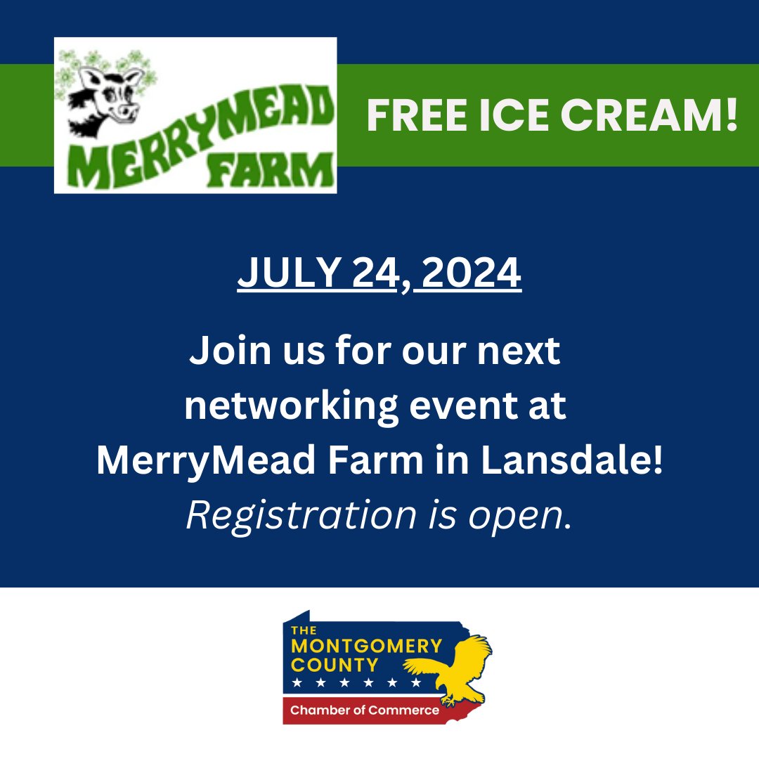 July is Ice Cream Month! Join us on July 24 for our annual visit to @MerryMeadFarm for networking and free ice cream! Register now: members.montgomerycountychamber.org/events/Details…