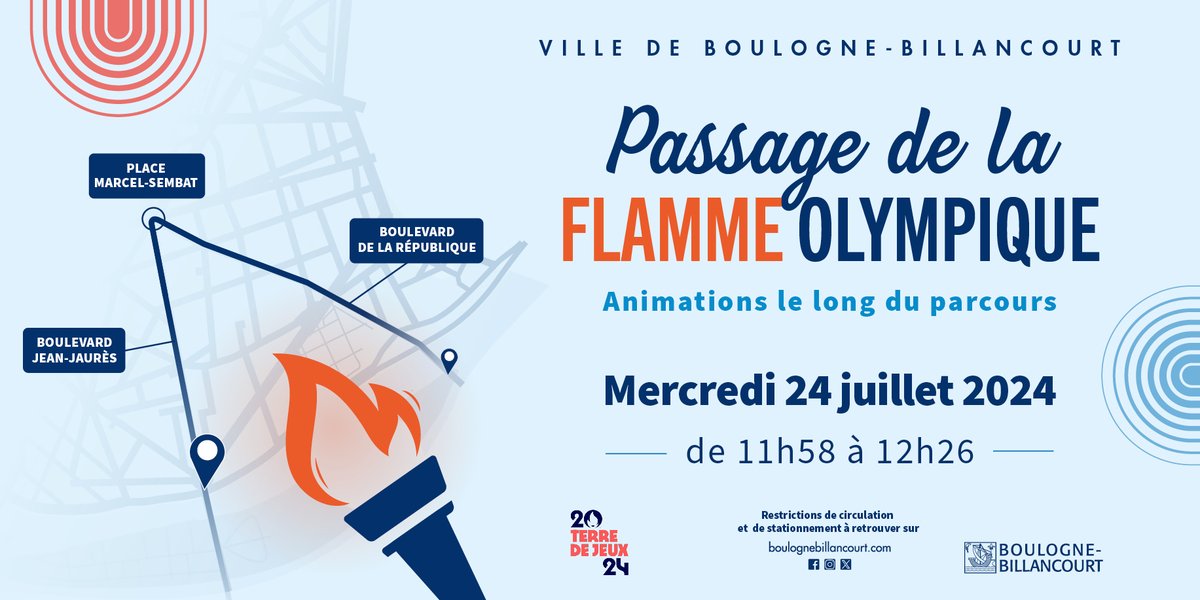 [ JOP2024 ] La flamme olympique arrive à Boulogne-Billancourt 🏆🔥

Rendez-vous mercredi 24 juillet de 11h58 à 12h26 sur les Boulevards Jean-Jaurès et République. Pour rendre ce moment encore plus inoubliable, la Ville organise une journée festive avec animations et concerts ! 🎉