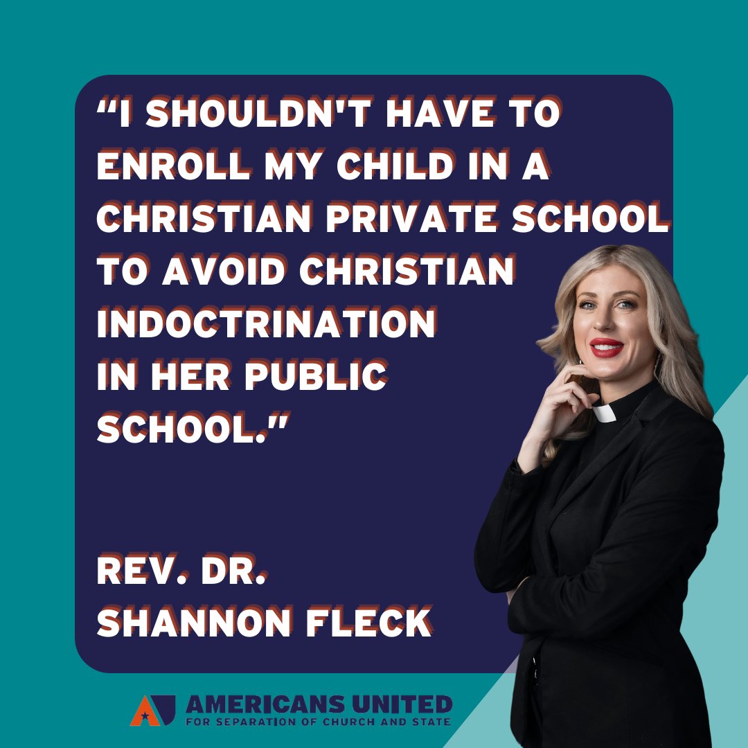americansunited's tweet photo. “I shouldn't have to enroll my child in a Christian private school to avoid Christian indoctrination 
in her public school.” @shannon_fleck 

#ReligiousFreedom #SeparationOfChurchAndState
#FreedomWithoutFavor #EqualityWithoutException https://t.co/XN0ttlz5Sj