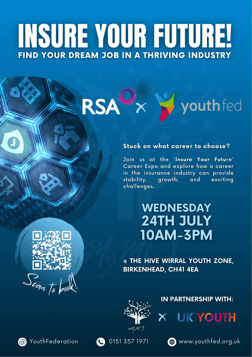 YouthFederation's tweet image. Are you ready to #InsureYourFuture?

Join us for an exclusive event with @rsagroup, @UKYouth &amp;amp; @_MyMCT to learn about the opportunities in the world of insurance!

🗓 Wednesday 24th July
🕘10am - 3pm
📍@TheHiveYZ 

Register now 
👉 ow.ly/wYhb50SxIuG
