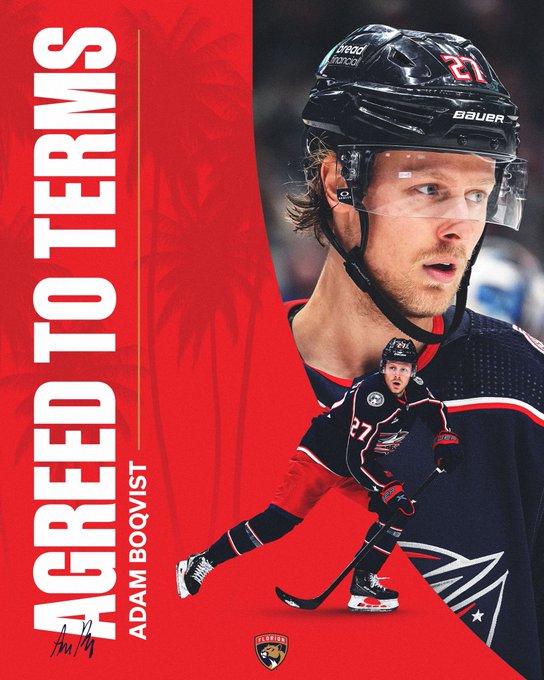 Red graphic with "AGREED TO TERMS" and "Adam Boqvist" in uppercase white letters along the left side. His signature is in black at the bottom.

On the left, a photo of Adam in a Columbus Blue Jackets jersey along with an action photo of him skating. He is wearing a blue CBJ uniform in both.