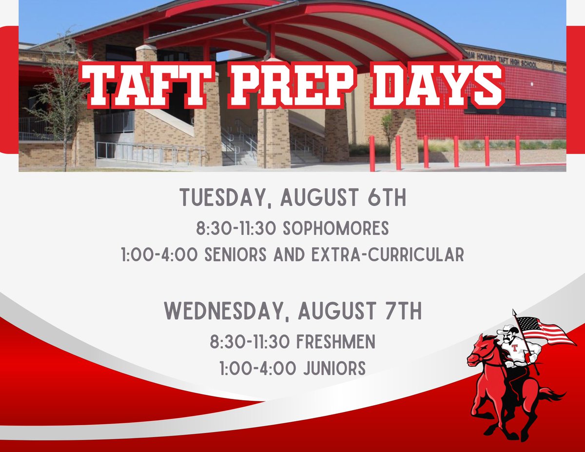 📚TAFT Prep Days Schedule📚

Mark your calendars 🗓️ for new and returning students and families, this is your informational about what to expect at Taft High School and answer your questions going into the 2024-25 school year.