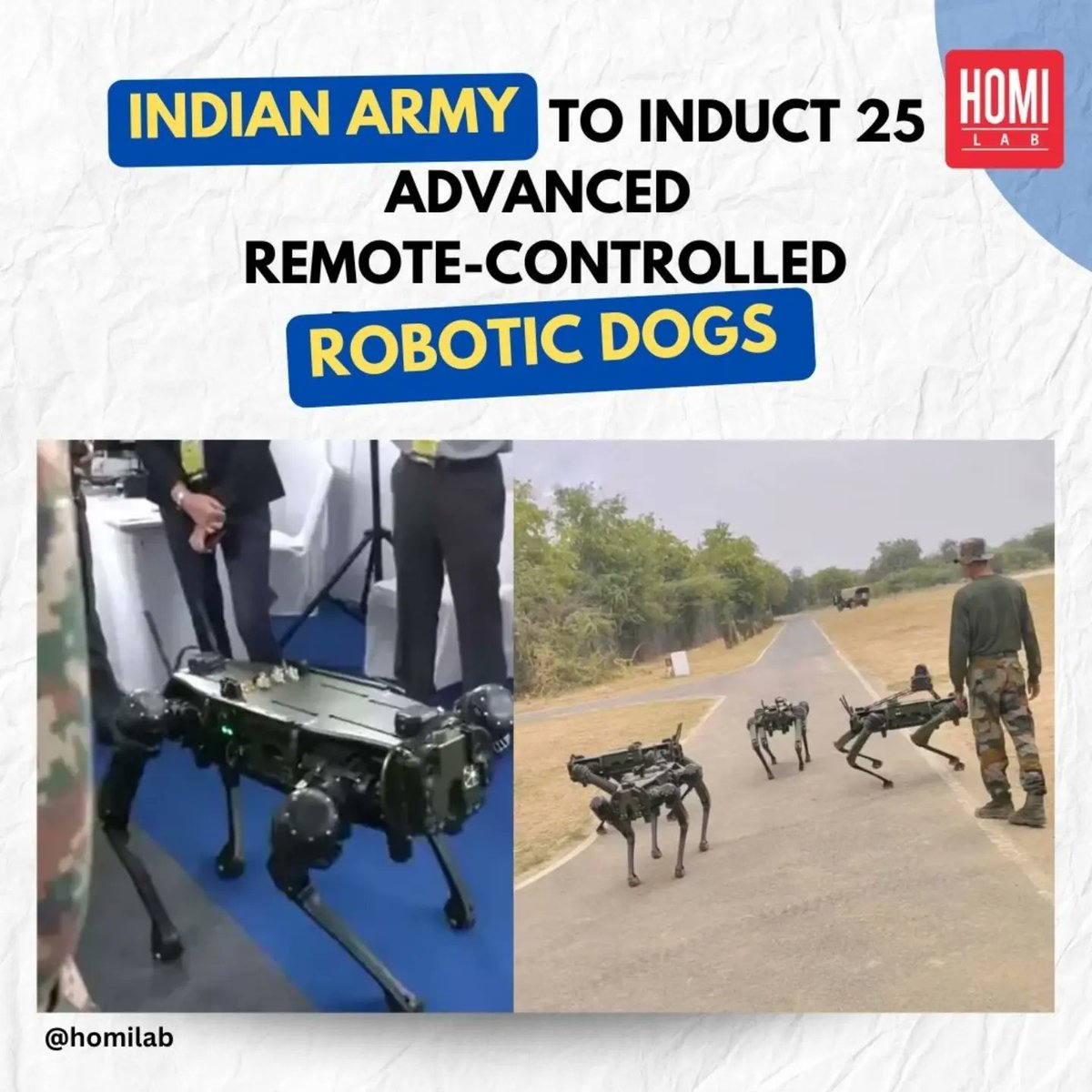 homi_lab's tweet image. The Indian Army is set to induct robotic dogs, known as multi-utility legged equipment (MULEs), for surveillance and carrying light loads in steep and uneven terrain.
#ai #artificialintelligenceai #artificialintelligence #artificial #army #robotics #robotdogs #robotmemes #robot