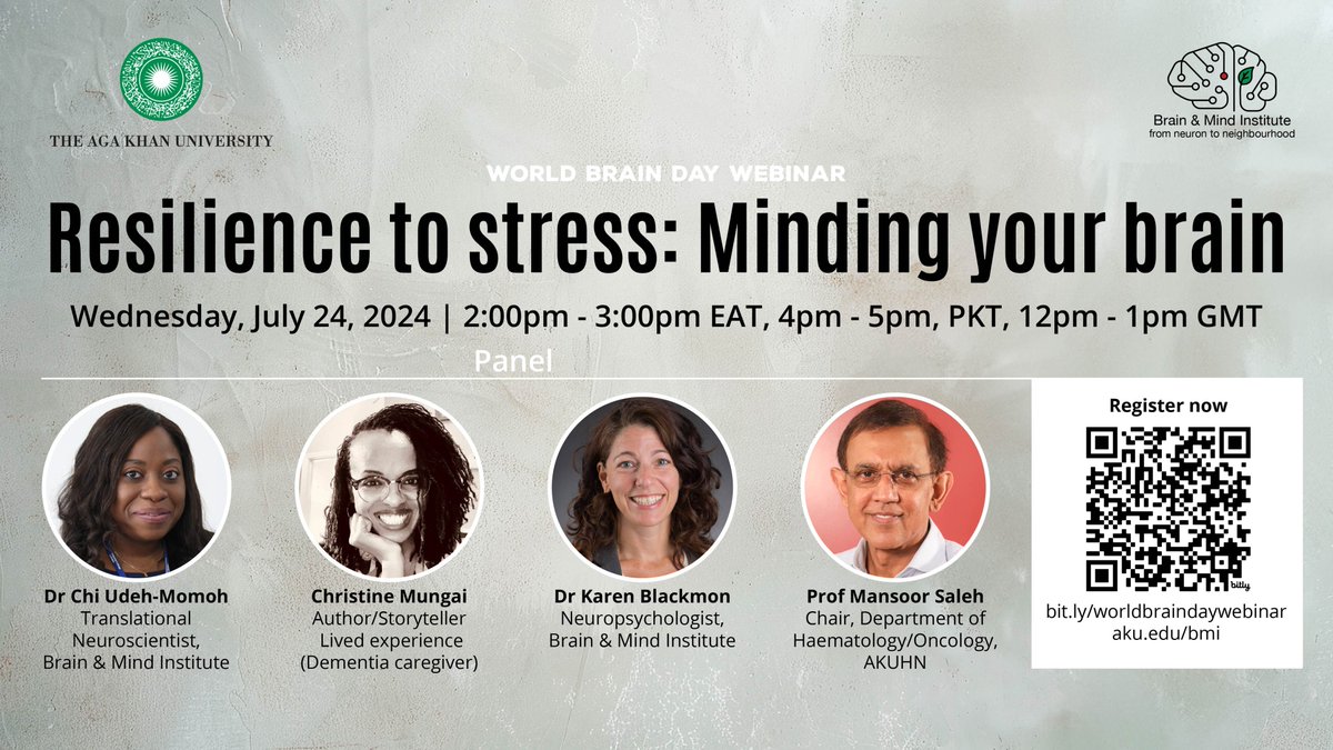 AKU_BMI's tweet photo. How do challenges like climate change, illness, poverty and substance abuse affect our lives? Join our #webinar to learn about brain resilience and discover practical tips to strengthen your brain health.
To register 🔗https://t.co/SbF51pqzHF  
🗓️July 24, 2024, 2pm – 3pm, EAT
#Webinar #BrainHealth #Resilience