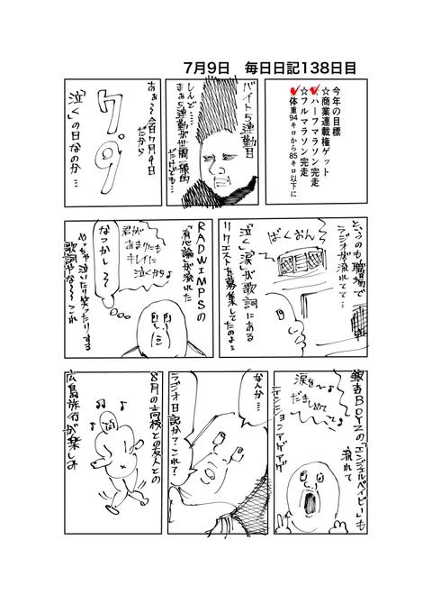 皆様お疲れ様です。今日の毎日日記です。

今日はゲリラ豪雨の中9キロ走って体重83キロになりました。ニューレコードです。 