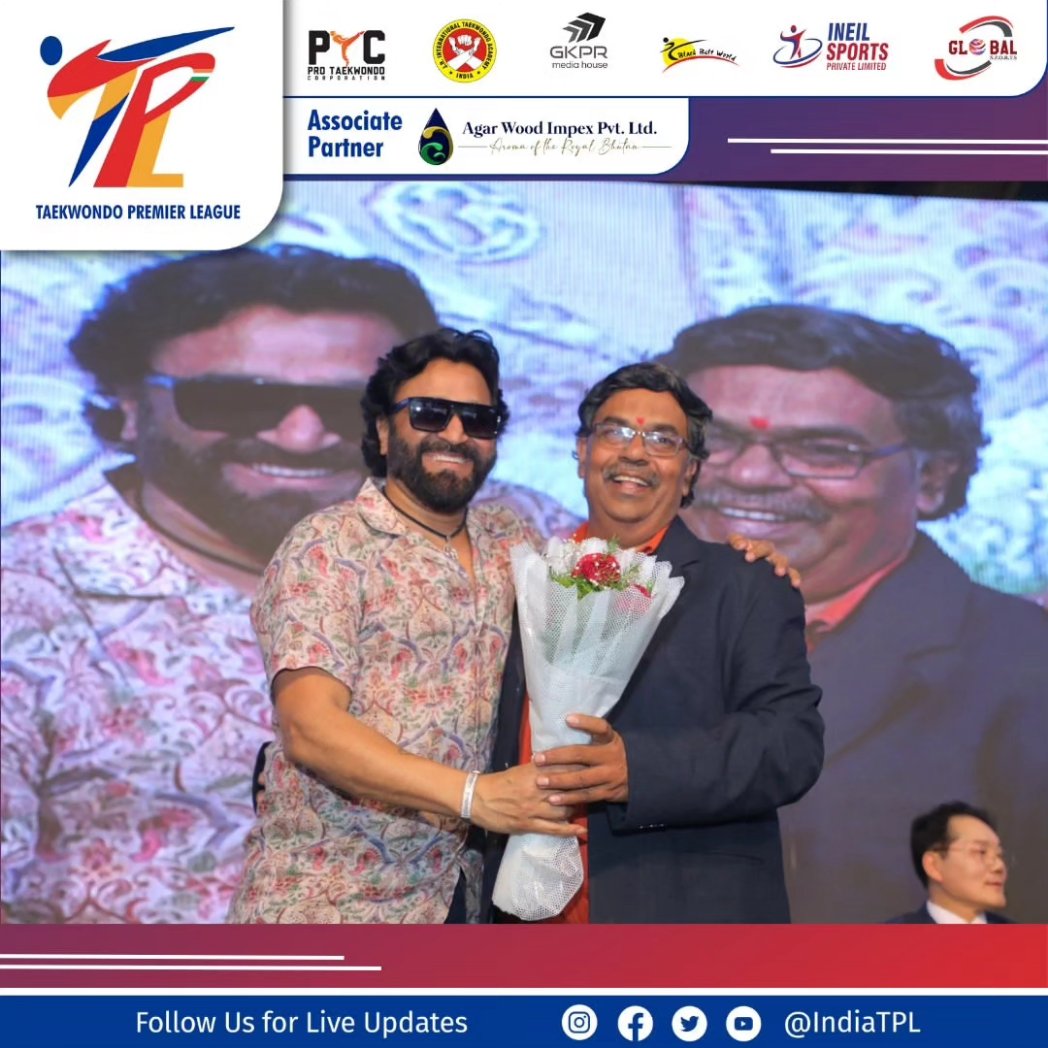 IndiaTPL's tweet photo. Glipmse of TPL Season 1 Leg 2 Grand Opening. Mr. Ganesh Duvvuri, Founder and Director of #Taekwondo Premier League and INEIL Sports Private Limited, warmly welcomes Mr. Shyam Patel, Owner of Delhi Warriors, to the stage. https://t.co/d1UtkDBk2m
