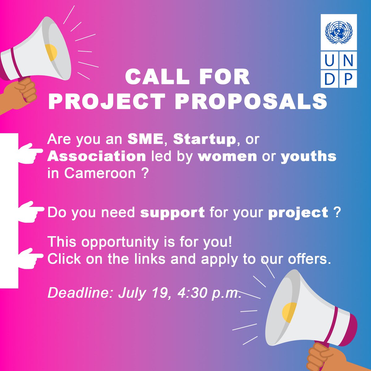 🔊CALL FOR PROJECT PROPOSALS

👉🏾Are you an SME, Startup, or Association led by women or youths🇨🇲?
👉🏾Do you need support 4 your project?

✅This opportunity is 4 you!

Click on the links to apply by July 19th

Women-led: undp.org/cameroon/publi…

Youth-led:  undp.org/cameroon/publi…