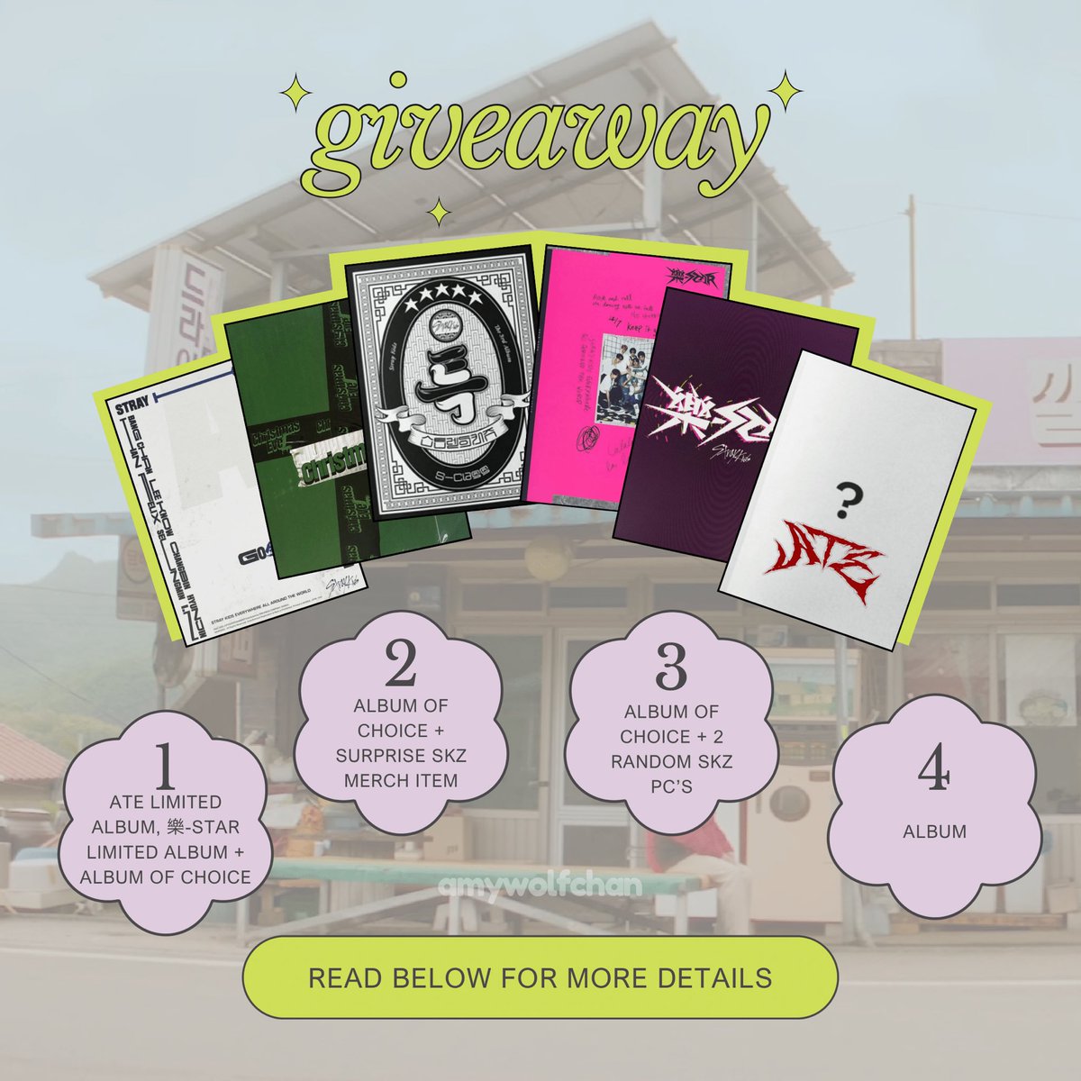 amywolfchan's tweet image. ✰ #StrayKids GIVEAWAY~

i’m finally doing my first giveaway!! been planning this for a while as i want to give back some of the love i've received here ♡

✰ 4 winners
✰ 6 albums (incl. LIMITED ATE)
✰ +more

RULES:
ʚ like
ʚ rt
ʚ follow

END: tbd

— read below for all details!