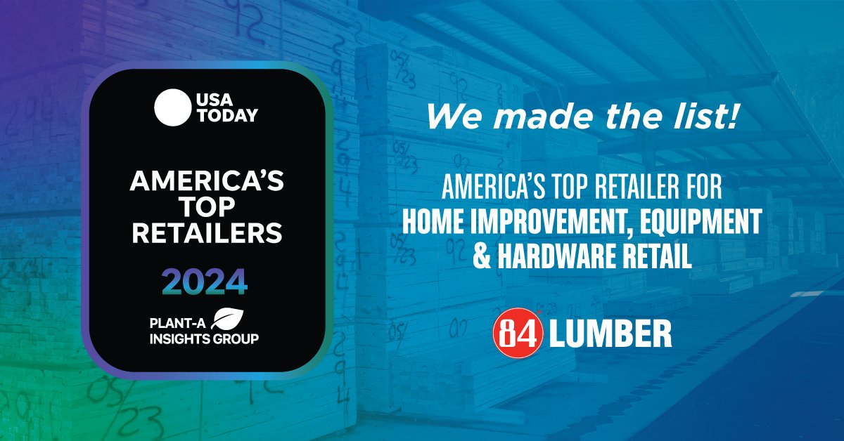 84LumberNews's tweet photo. 84 Lumber has been named a Top Retailer in America by @USATODAY! 🎉 Our commitment to quality and customer satisfaction has been recognized once again. Thank you for your trust and support!
For the full story, https://t.co/BPGuugIWXS #84Lumber #TopRetailer #USAToday https://t.co/Zm64ILdBGB