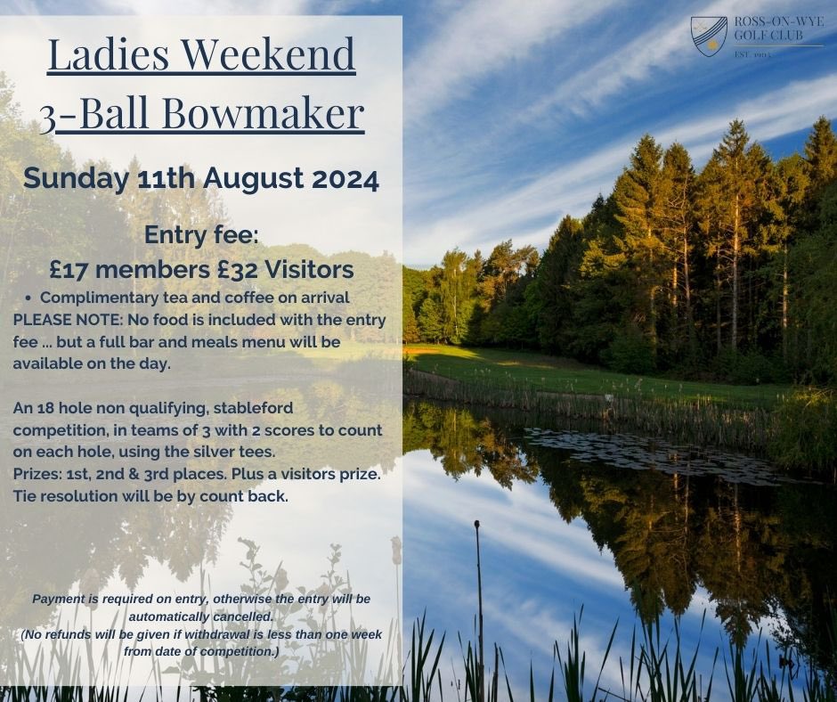 Calling all LADY GOLFERS …. ⛳️🏌🏼‍♀️🏌🏼‍♀️

Sign up now to our 3 ball bowmaker open on Sunday 11th August. 

Only £17 pp for members and £32 for visiting golfers. 

Complimentary tea/coffee on arrival ✅☕️
Great prizes to be won ✅🏆
Playing our great golf course ✅ 🏌🏼‍♀️

Sign up online