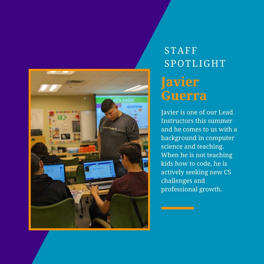 YouthCodeJam's tweet photo. Javier is one of our Lead Instructors this summer and he comes to us with a background in computer science and teaching. When he is not teaching kids coding, he is actively seeking new CS challenges and professional growth. If you see Javier, make sure to give him a hi-five! 🙌 https://t.co/Ic8RUEJ0OS