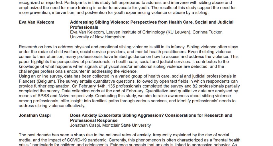 StefaanPleysier's tweet photo. Next week @Eva_VanKelecom will attend the Violence Prevention Research Conference @UofNH. 
She will present a paper with Corinna Jenkins Tucker in a panel on 'Challenges to help-seeking and professional response to sibling aggression and abuse'. 
https://t.co/CmNyr4yz8e https://t.co/UCn6qNOxr9