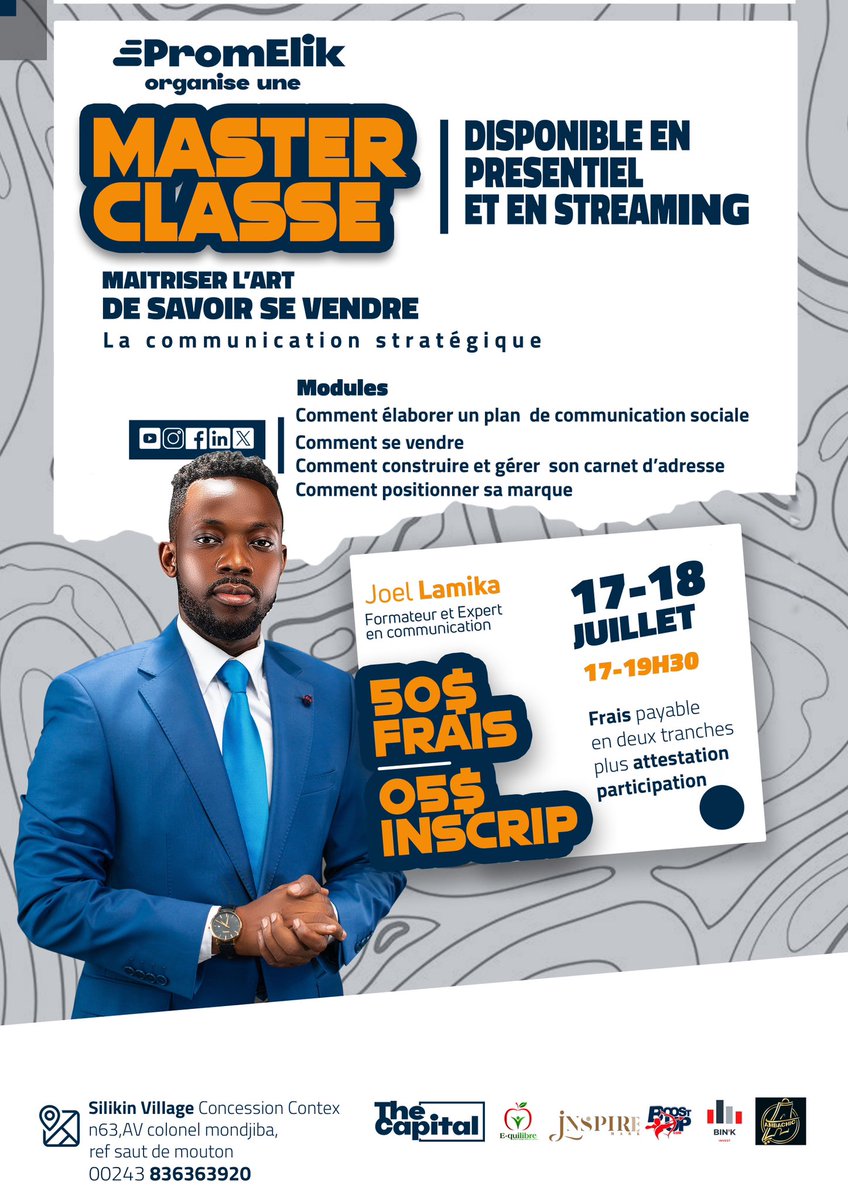 LamikaJoel's tweet photo. Développez vos compétences en communication et boostez votre carrière en participant à cette Master Classe proposée par #PromElik. L'événement permettra de découvrir les clés d'une communication sociale stratégique. https://t.co/v4x3izblqA