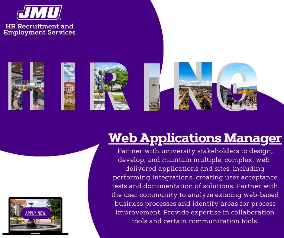 JMUJobs's tweet image. JMU IT is currently accepting applications for a Web Applications Manager!
Apply now for this opportunity: jobs.jmu.edu/.../web-applic…...
#JMU #Jobs #JMUJobs #NowHiring #JamesMadisonUniversity #HigherEducationJobs #highereducation #itjobsearch #ITJobs