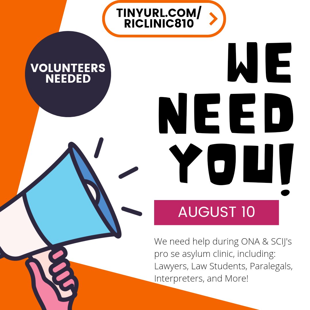 SCIJimmigration's tweet photo. On 8/10, @OnaProvidence &amp; SCIJ are holding a pro se asylum clinic and WE NEED YOUR HELP! We're looking for volunteers, from attorneys to interpreters to people passionate about immigrant justice. Whatever your background, WE WANT YOU 💞 Sign up: https://t.co/Lv90WRkSZq https://t.co/WGTscfhEBj