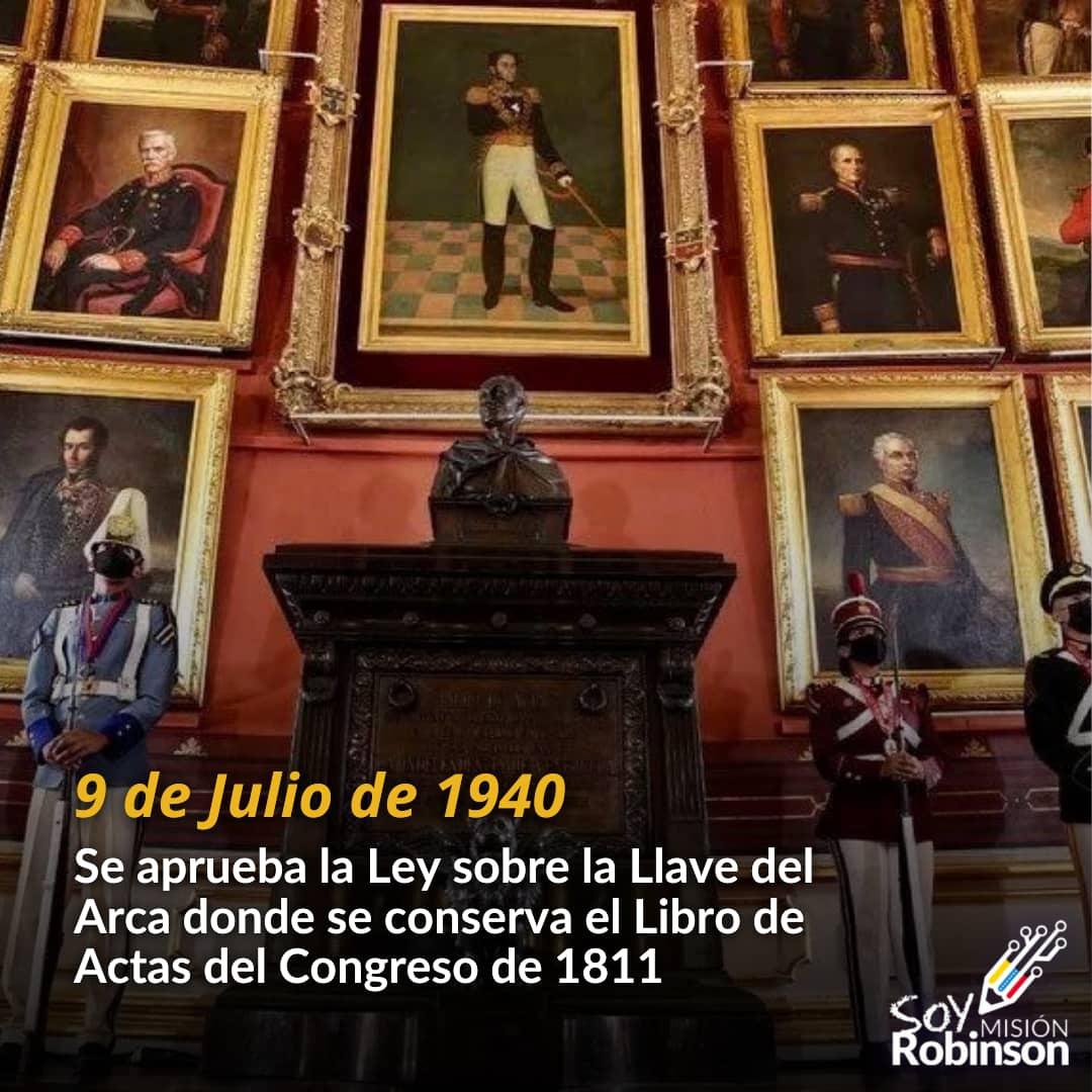 En el año de 1940 se aprueba la Ley sobre la Llave del Arca donde se conserva, en el Salón Elíptico del Palacio Federal Legislativo, el Libro de Actas del Congreso de 1811. 

La llave se coloca bajo custodia del Presidente de la República.

#VenezuelaEsPoesía 

<a href="/NicolasMaduro/">Nicolás Maduro</a>