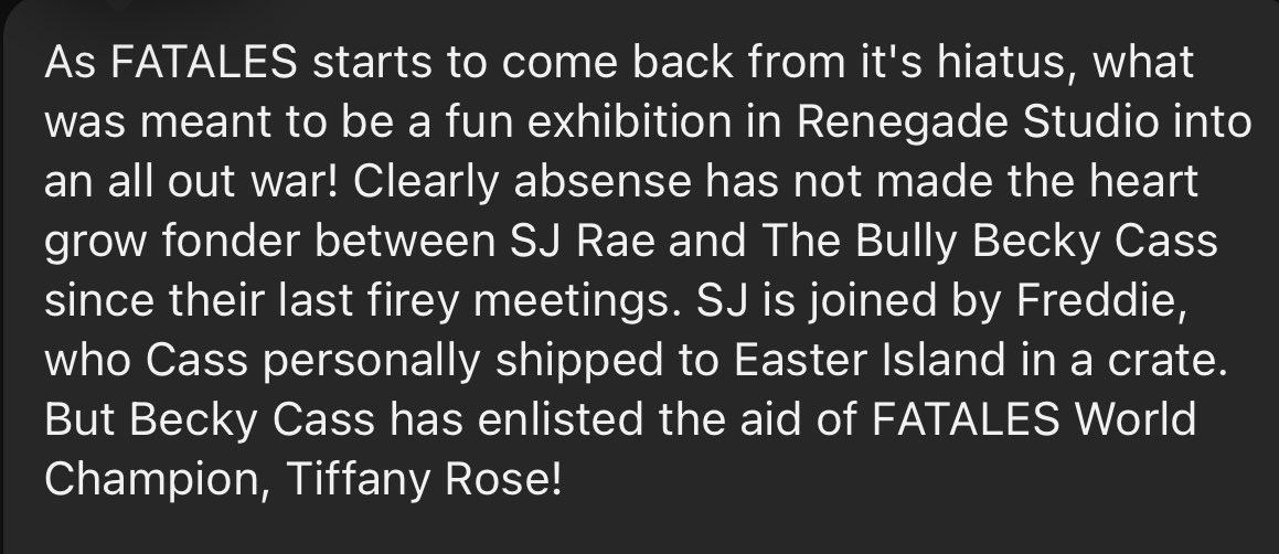 FATALESwrestle's tweet photo. Good Morning FATALES!

Enjoy a Renegade Dark match!

SJ Rae &amp; Freddie vs. Becky Cass &amp; Tiffany Rose

https://t.co/kI3xjeM1o2 https://t.co/WiwOfhAvWG