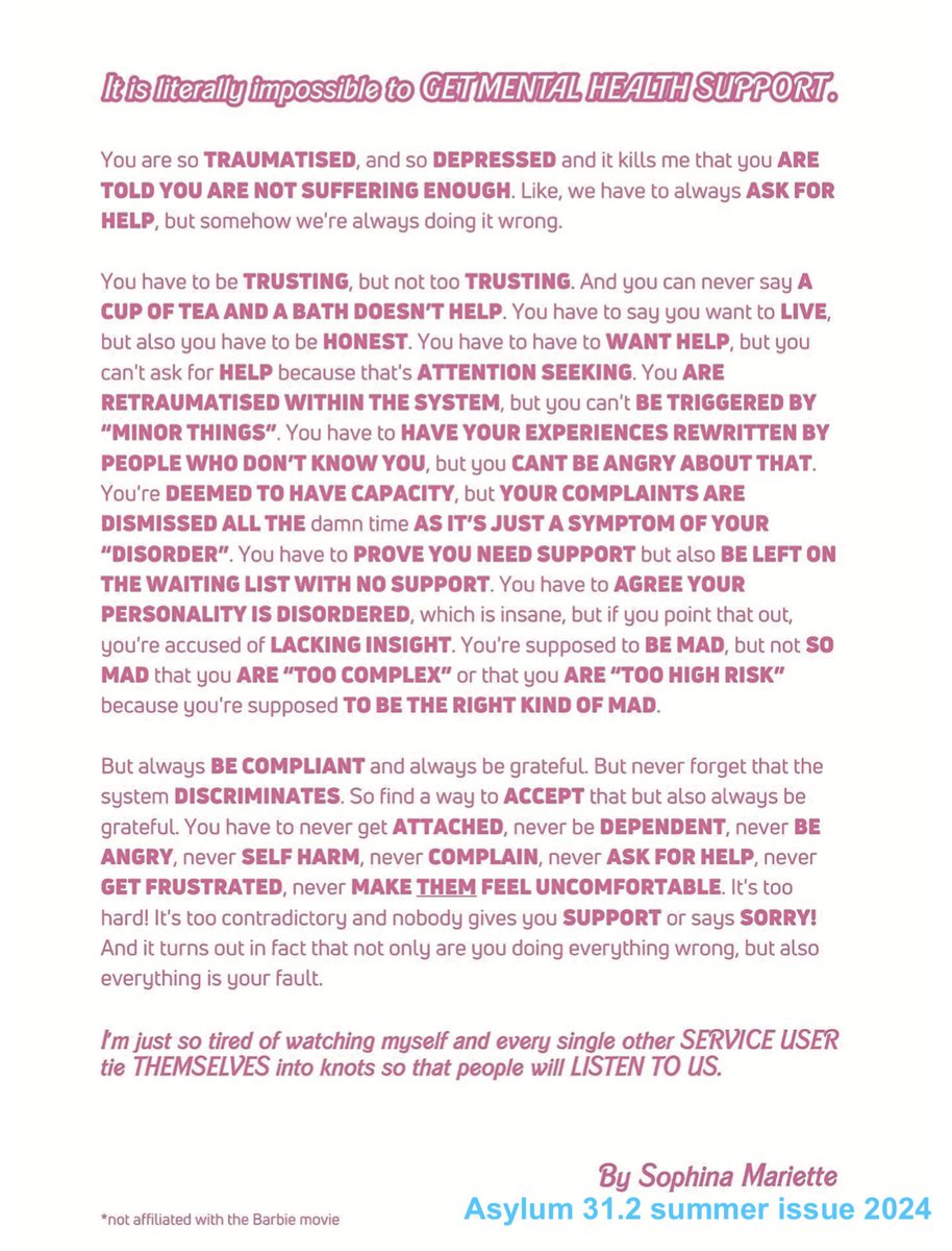 "It is literally impossible to GET MENTAL health support." artwork by  <a href="/MarietteS1996/">Sophina Mariette</a>  featured in our summer issue. 

Read our sample articles here.
asylummagazine.org/2024/06/asylum…