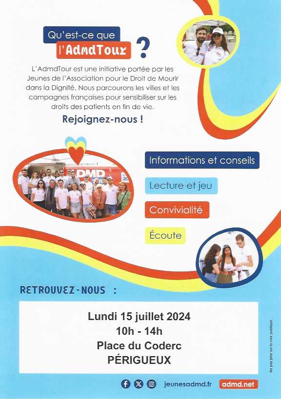 attingre's tweet photo. @ADMDFRANCE @jeunesadmd NOUS SERONS PRESENTS POUR PARLER DE FIN DE VIE AVEC LES JEUNES ET MOINS JEUNES, des directives anticipées, venez vous informer https://t.co/ZMQlNk5VuV