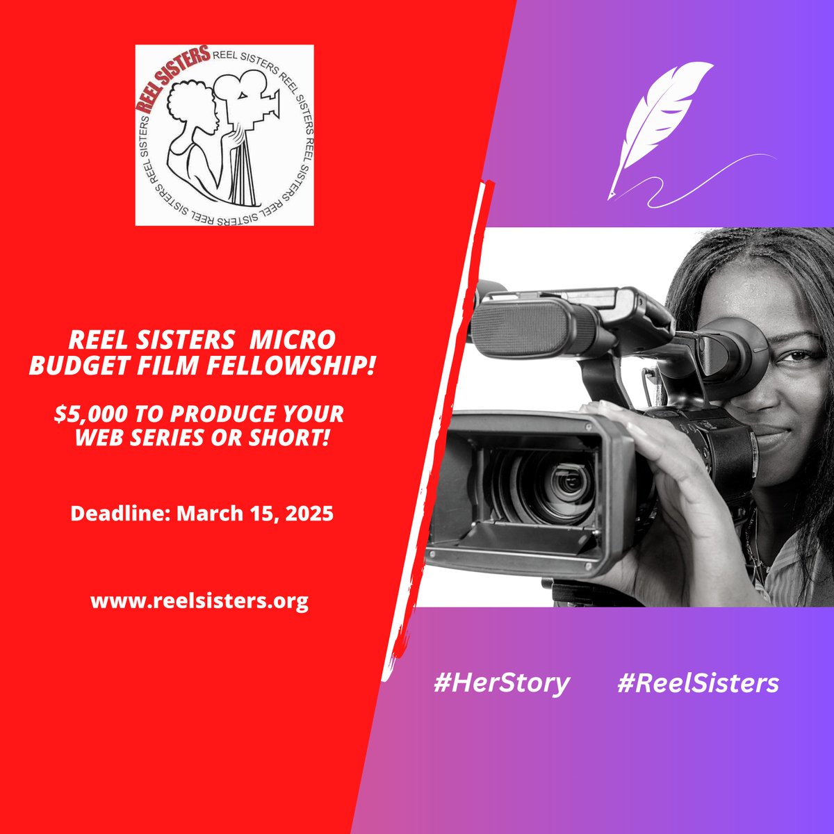 reelsisters's tweet photo. We're announcing that @reelsisters Micro Budget Film Fellowship 2025 is open! Early birds our deadline to submit short scripts in consideration for our fellowship is March 15, 2025! INFO: https://t.co/EpoWh2ledl
#womenwriters #womeninfilm #StoryIsQueen https://t.co/xHnkT64EXJ