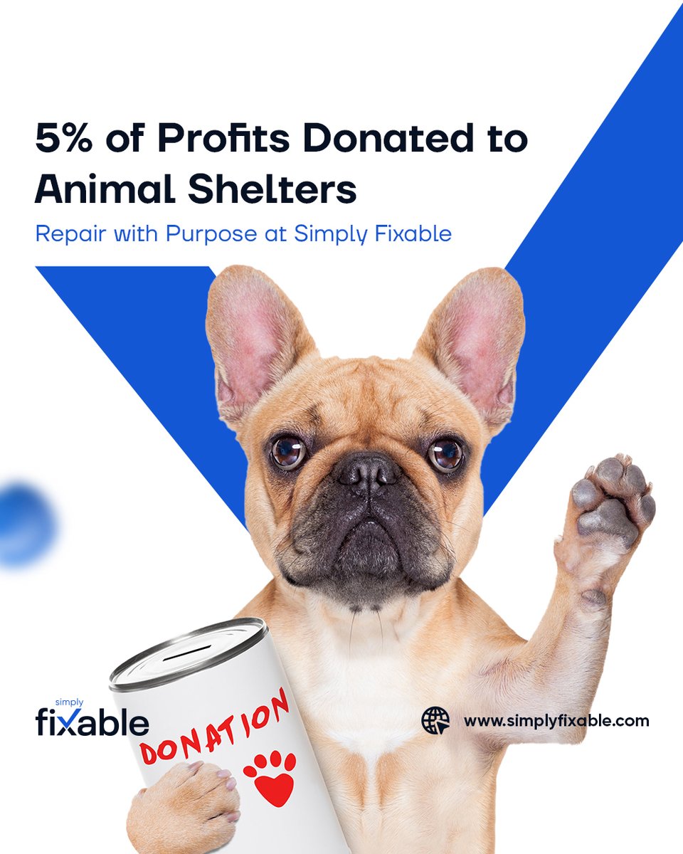 Simply_Fixable's tweet photo. 🐾 Support Animal Shelters with Simply Fixable! 🐾

We are thrilled to announce that Simply Fixable is donating 5% of our profits to animal shelters! By choosing our repair services, you’re not only getting top-quality repairs, but you’re also helping to provide care for animals. https://t.co/54VhiUYd8W