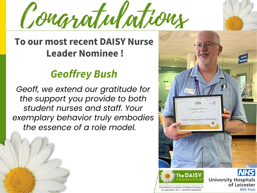 DAISY Awards UHL (@uhldaisyawards) on Twitter photo Congratulations Geoff on your DAISY Nurse Leader Award. Your leadership capabilities are incomparable <a href="/misstickle101/">Martha</a> @Gemmacade83 <a href="/DAISY4Nurses/">DAISY Foundation</a> <a href="/UHLJ2E/">UHL Journey to Excellence</a> <a href="/JudithSpiers/">JudithSpiers 💙</a> <a href="/Michelleatterb2/">Michelle atterbury</a> <a href="/CWanyumba/">Christine Wanyumba</a> <a href="/Leic_hospital/">Leicester's Hospitals</a> Congratulations Geoff on your DAISY Nurse Leader Award. Your leadership capabilities are incomparable <a href="/misstickle101/">Martha</a> @Gemmacade83 <a href="/DAISY4Nurses/">DAISY Foundation</a> <a href="/UHLJ2E/">UHL Journey to Excellence</a> <a href="/JudithSpiers/">JudithSpiers 💙</a> <a href="/Michelleatterb2/">Michelle atterbury</a> <a href="/CWanyumba/">Christine Wanyumba</a> <a href="/Leic_hospital/">Leicester's Hospitals</a>