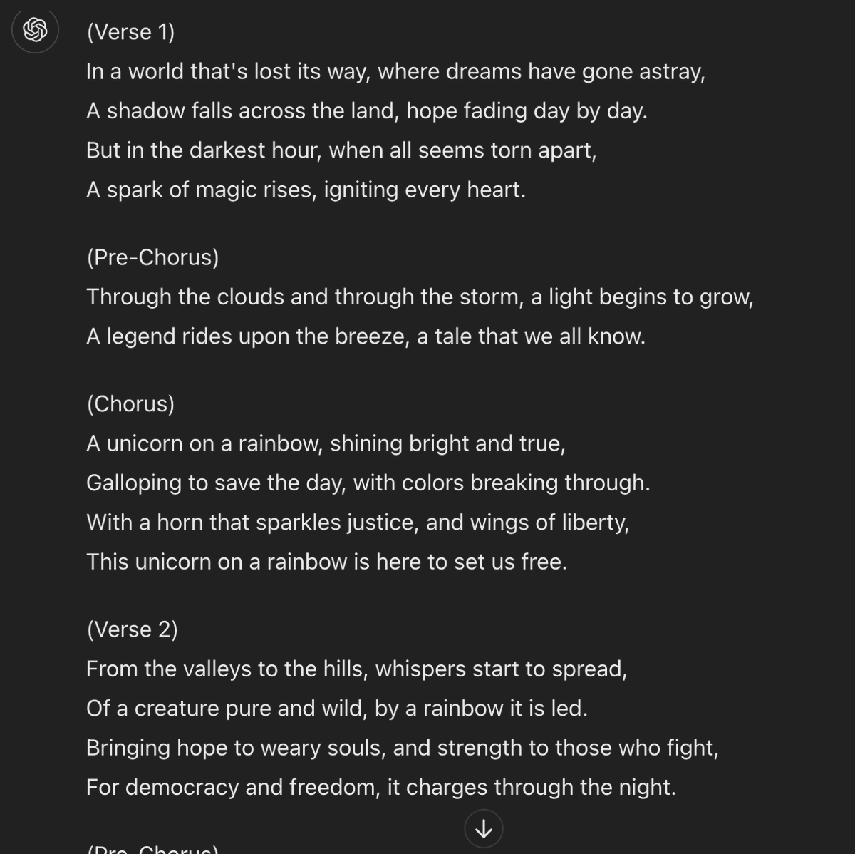KerryLeva's tweet photo. Never thought I'd see the day where I'd ask chatGPT to write me a song in the style of Taylor Swift meets Post Malone about a unicorn riding in on a rainbow to save democracy, but here we are, folks. 

Bit wordy and on the nose for my taste, but here you go: https://t.co/RZ9yW6p5Wb