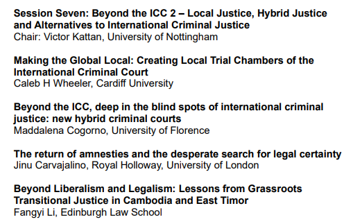 Human Rights Law Centre (HRLC) (@uonhrlc) on Twitter photo Continuing our discussion of alternatives to criminal justice beyond the ICC, the final session of the conference focuses on local & hybrid approaches to justice. Chaired by <a href="/VictorKattan/">Victor Kattan</a>, with speakers <a href="/CalebHWheeler/">Caleb Wheeler</a>, <a href="/maddalenacog/">Maddalena Cogorno</a>, @JinuCarvajalino, & <a href="/fangyi_L/">Fangyi Li</a> #UoN_ICL24 Continuing our discussion of alternatives to criminal justice beyond the ICC, the final session of the conference focuses on local & hybrid approaches to justice. Chaired by <a href="/VictorKattan/">Victor Kattan</a>, with speakers <a href="/CalebHWheeler/">Caleb Wheeler</a>, <a href="/maddalenacog/">Maddalena Cogorno</a>, @JinuCarvajalino, & <a href="/fangyi_L/">Fangyi Li</a> #UoN_ICL24