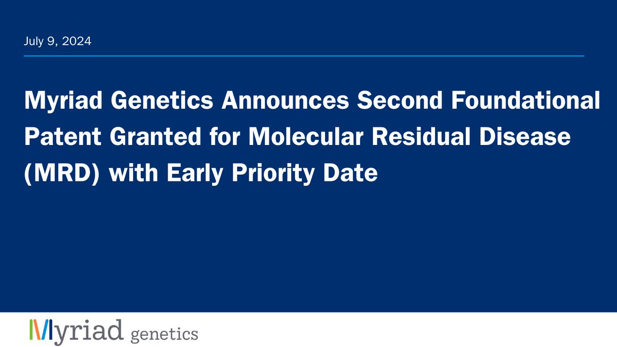myriadgenetics's tweet photo. Today we announced that the United States Patent and Trademark Office has issued a second patent that will strengthen our ability to deliver a tumor-informed, high-definition, molecular residual disease (MRD) assay to market.

Read the press release: https://t.co/3OhXWCHpDG https://t.co/bLA9YufH21