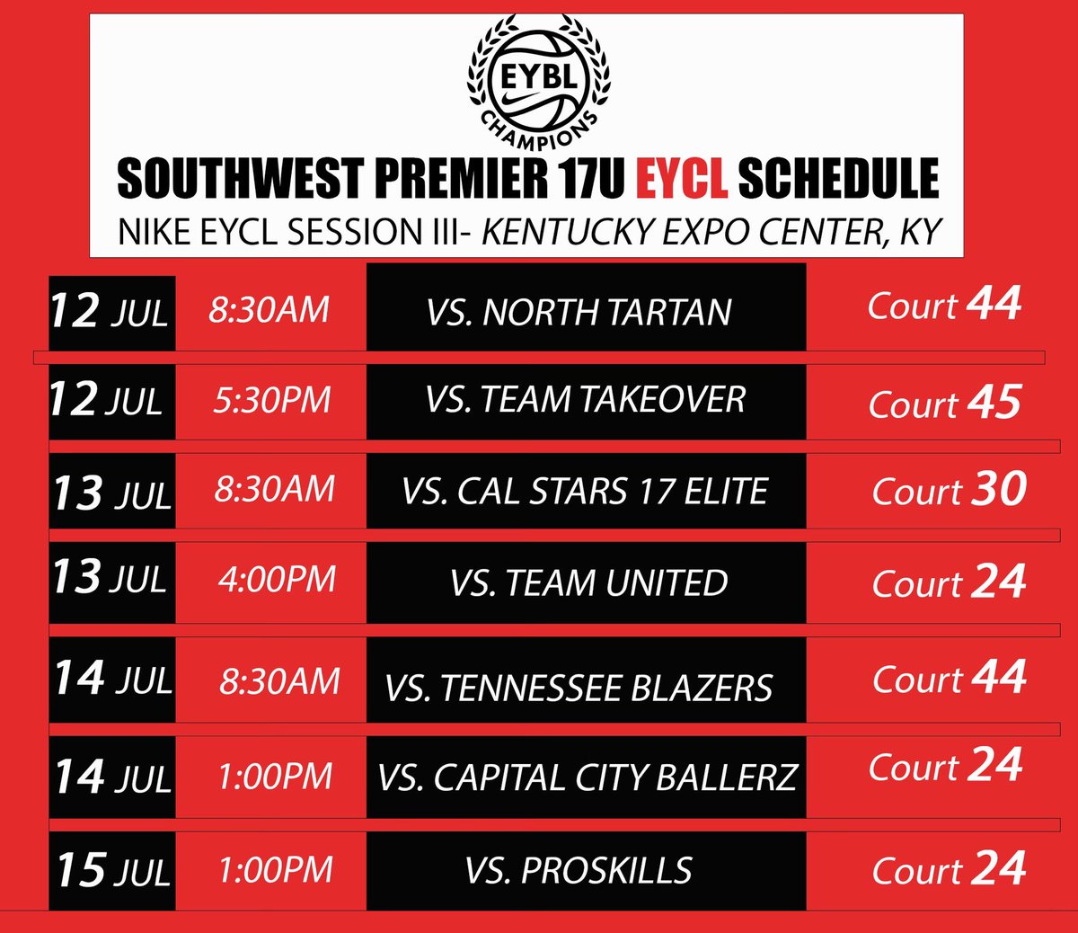 Sophie Morales (@sophiedmorales) on Twitter photo Our schedule this weekend for Session III of <a href="/nikegirlseycl/">Nike Girls EYBL Champions League</a> in Louisville. Our schedule this weekend for Session III of <a href="/nikegirlseycl/">Nike Girls EYBL Champions League</a> in Louisville.