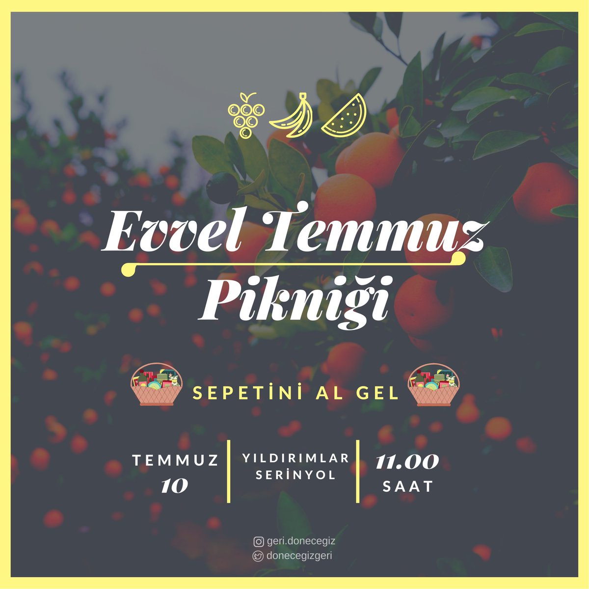 Evvel Temmuz.. Baharın ve Bereketin Habercisi.. 

Sen de sepetini hazırla ve gel.. Yarın Serinyol/Yıldırımlar Piknik Alanında Evvel Temmuz Pikniğinde buluşalım.. 

Şarkılarımızı, türkülerimizi söyleyelim.. ve söyleyelim tekrar tekrar.. Bahar yeniden gelecek🌿✌🏼

#evveltemmuz