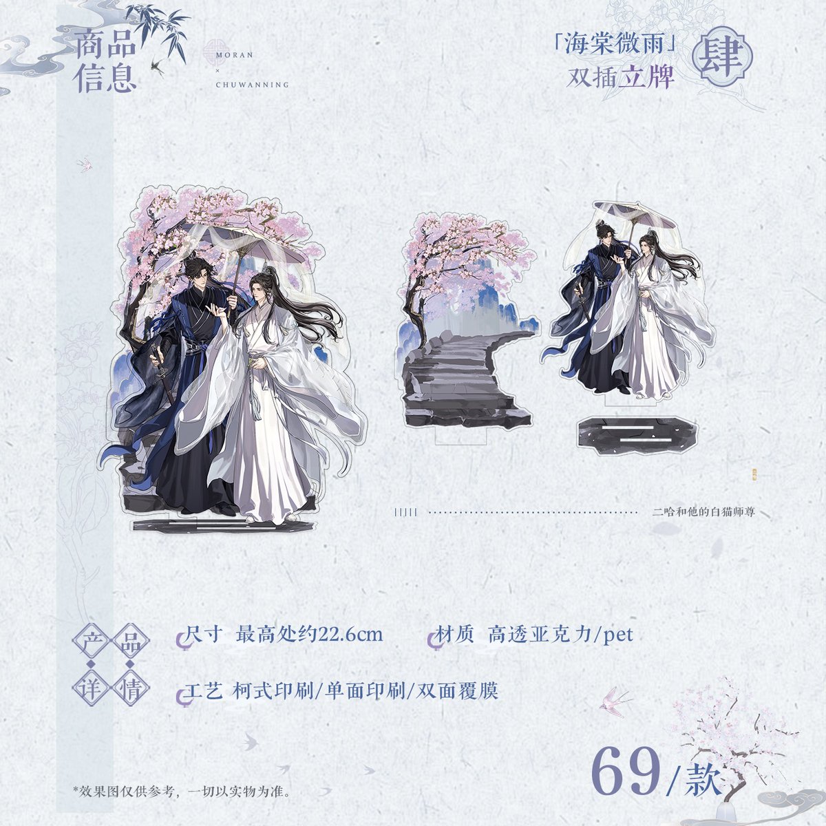 얼하 굿즈 관련

- 이후 콜라보 식당 한정 굿즈 선 공개 분량으로, 온라인 판매는 없을 것으로 예상
- 콜라보 식당 정보는 아직 미공개

海阔山遥 시리즈
레이저 티켓, 24r/set
 
海棠微雨 시리즈
사각 뱃지, 25r 
아크릴 포토카드, 28r/set
아크릴 스탠드, 69r

#2ha #二哈和他的白猫师尊