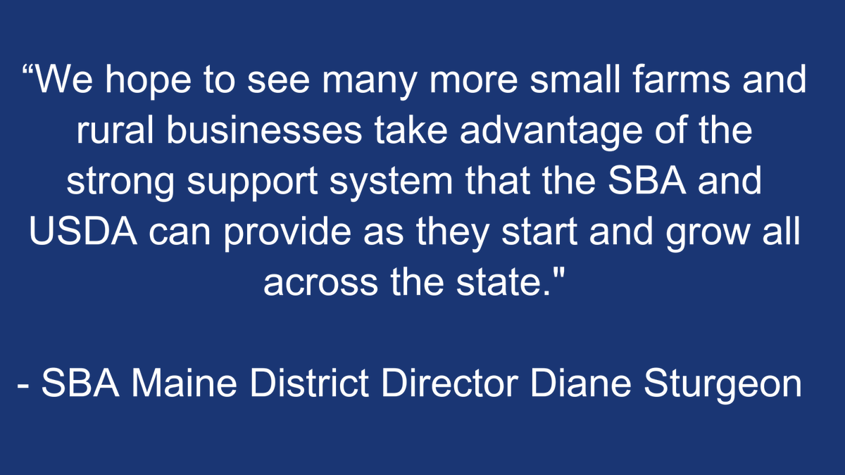 USDARD_Maine's tweet photo. Our partners at @SBA_Maine are among the many resources small businesses can turn to for advising and financing. Rural SBA clients are often well prepared to pursue @USDARD_Maineprograms like #REAP and #VAPG.
Read a success story: https://t.co/sdmgZ2qOue https://t.co/PjQ0fo3Fll