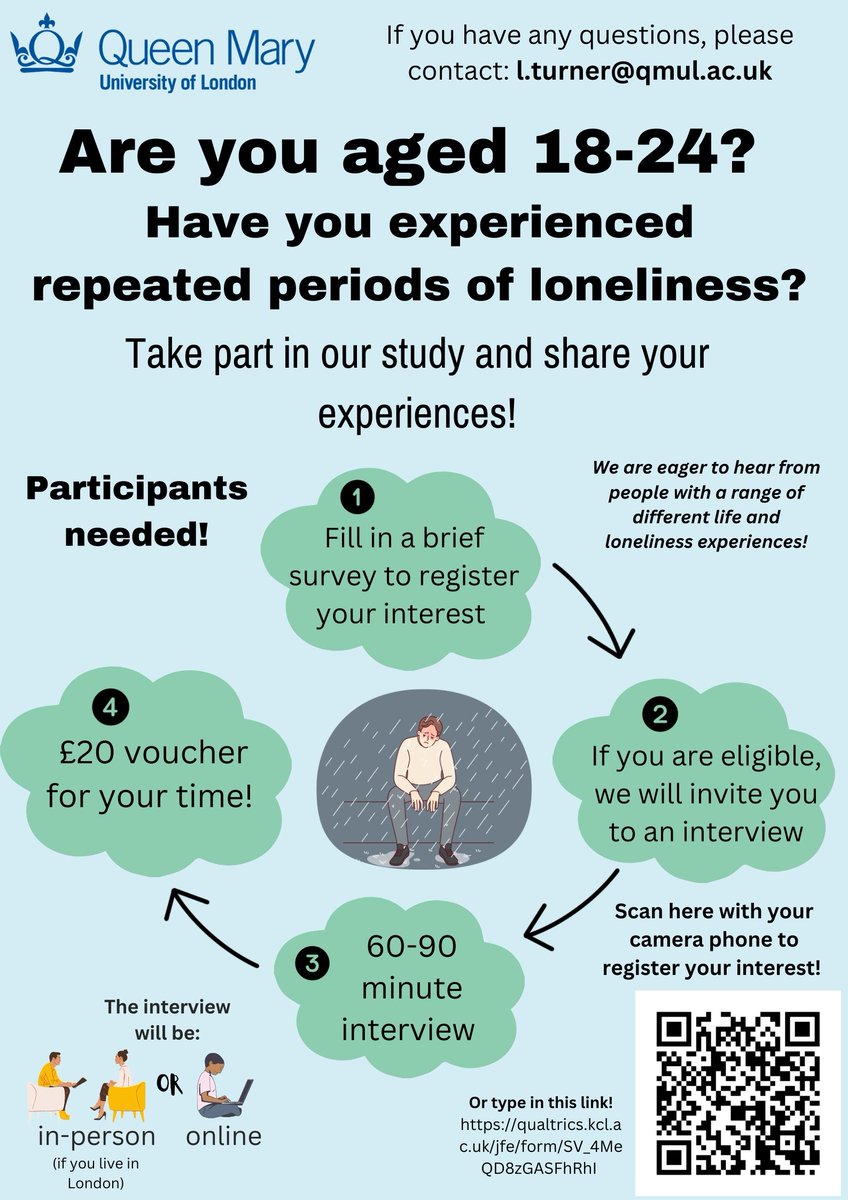 🚀 Calling young people (18-24 yrs) who have experienced repeated periods of loneliness! 

 📢Take part in our research study and share your experiences. 

⬇️ Register your interest (qualtrics.kcl.ac.uk/jfe/form/SV_4M…) or email: l.turner@qmul.ac.uk for more info.
