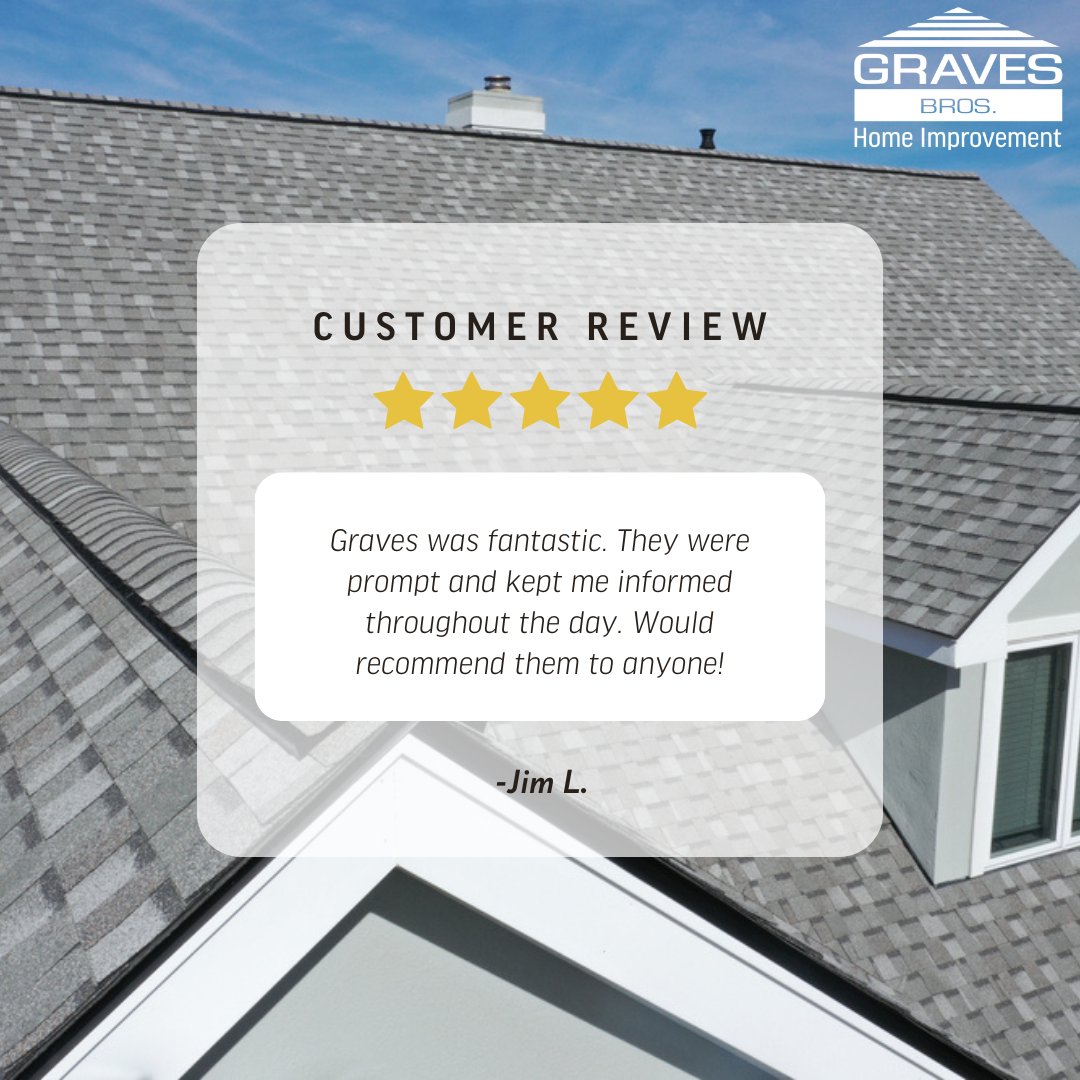 GravesBros's tweet photo. Thank you to Jim, for leaving us this 5-star review! We are proud of our on-site team and their ability to perform quality work while keeping our customers informed every step of the way. #Roofing #Siding #HomeImprovement https://t.co/JPYG6RpIXR
