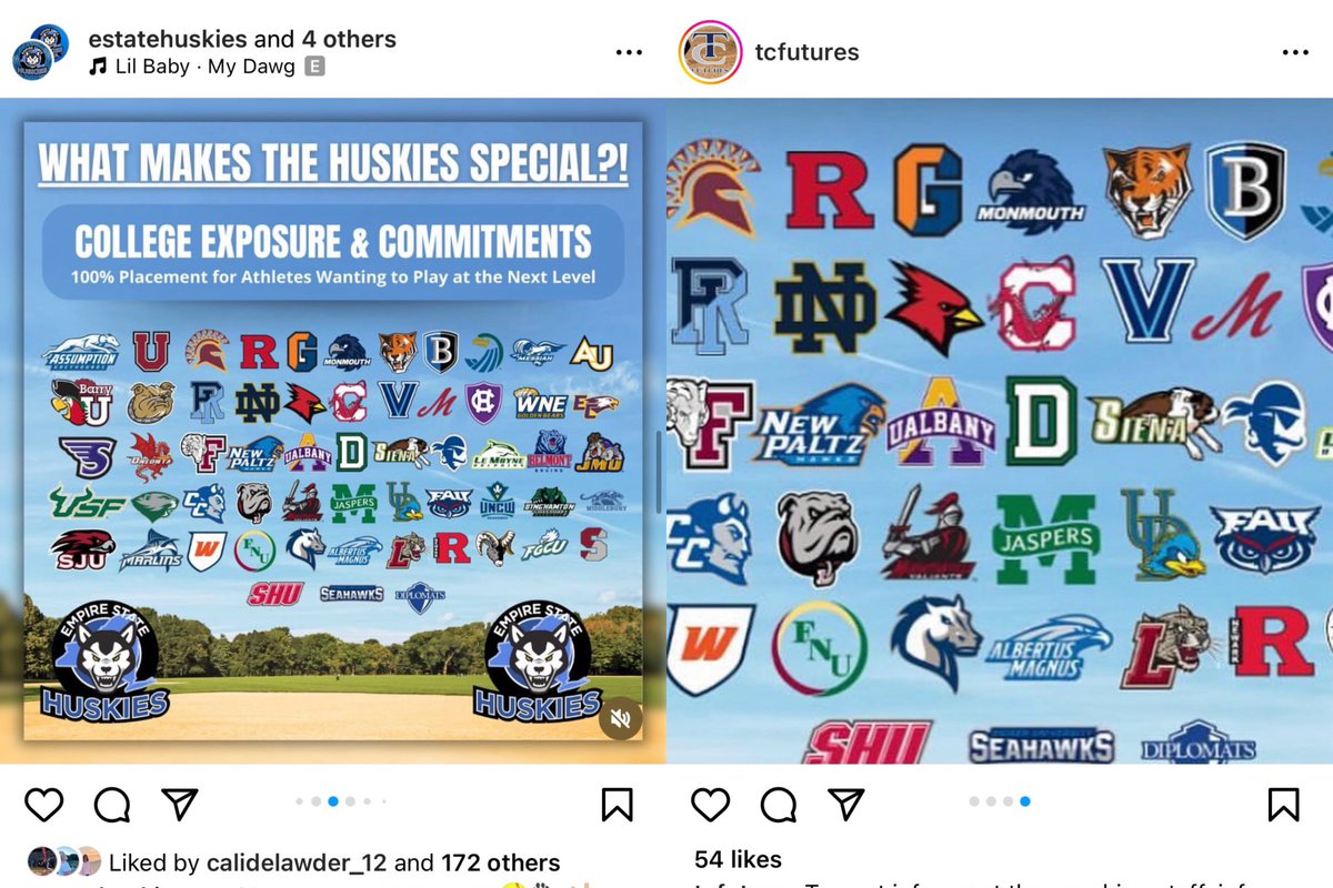 Integrity matters, apparently tryout season that goes out the window.  Left is our ORIGINAL graphic w colleges we actually HAVE athletes at, right is copy of ours to mislead you. Maybe ask what athletes attend those schools prior to trying out. —&gt;