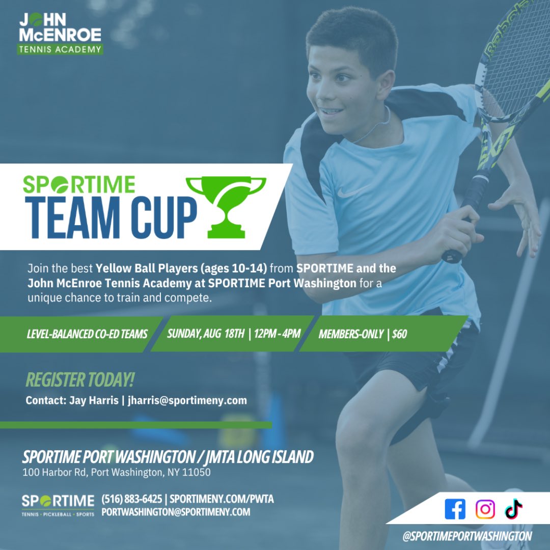 On Sunday, August 18th, join the best Yellow Ball players (ages 10-14) to compete for the SPORTIME Team Cup 🏆 at the newest John McEnroe Tennis Academy location, SPORTIME Port Washington! 😃

Register today by emailing Jay Harris at jharris@sportimeny.com.

#JMTA #Sportime
