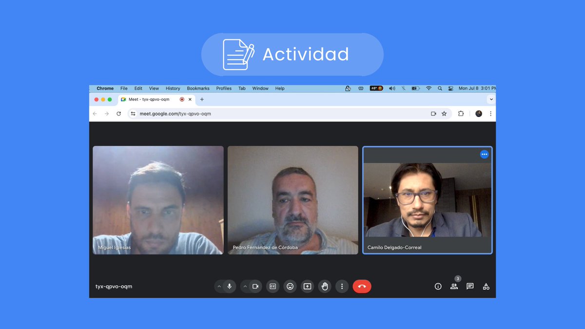 Reunión de los investigadores Pedro Fernández de Córdoba, Miguel Iglesias y Camilo Delgado-Correal sobre el seguimiento de​ la evolución del proyecto <a href="/HubAmbiental/">Hub Ambiental del Caribe🇨🇴</a> #actividadenergesis
