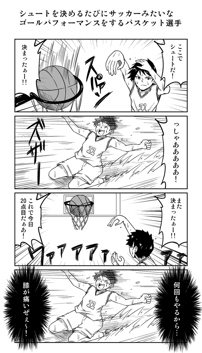 4コマ漫画「シュートを決めるたびにサッカーみたいなゴールパフォーマンスをするバスケット選手」 