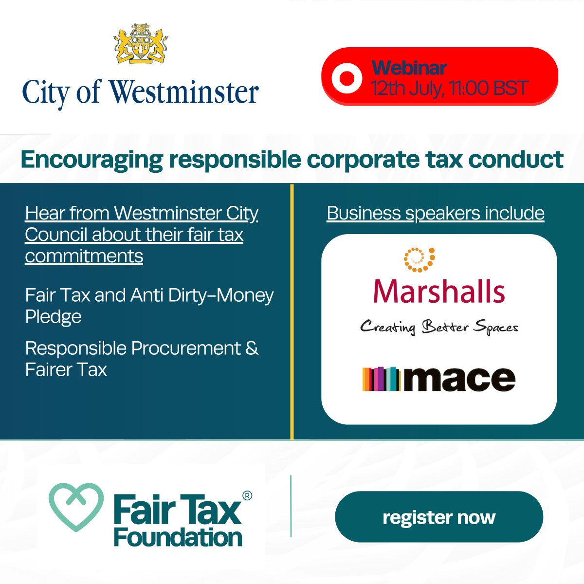 FairTaxMark's tweet photo. Webinar alert! A rare opportunity to hear from pioneering public sector &amp; business fair tax champions @CityWestminster @MarshallsGroup and @MaceGroup on encouraging responsible tax conduct in supply chains

📆 Friday 12th July 11:00 BST
▶️Register now! https://t.co/2kqAM7rVyb https://t.co/I0eKGABwY3