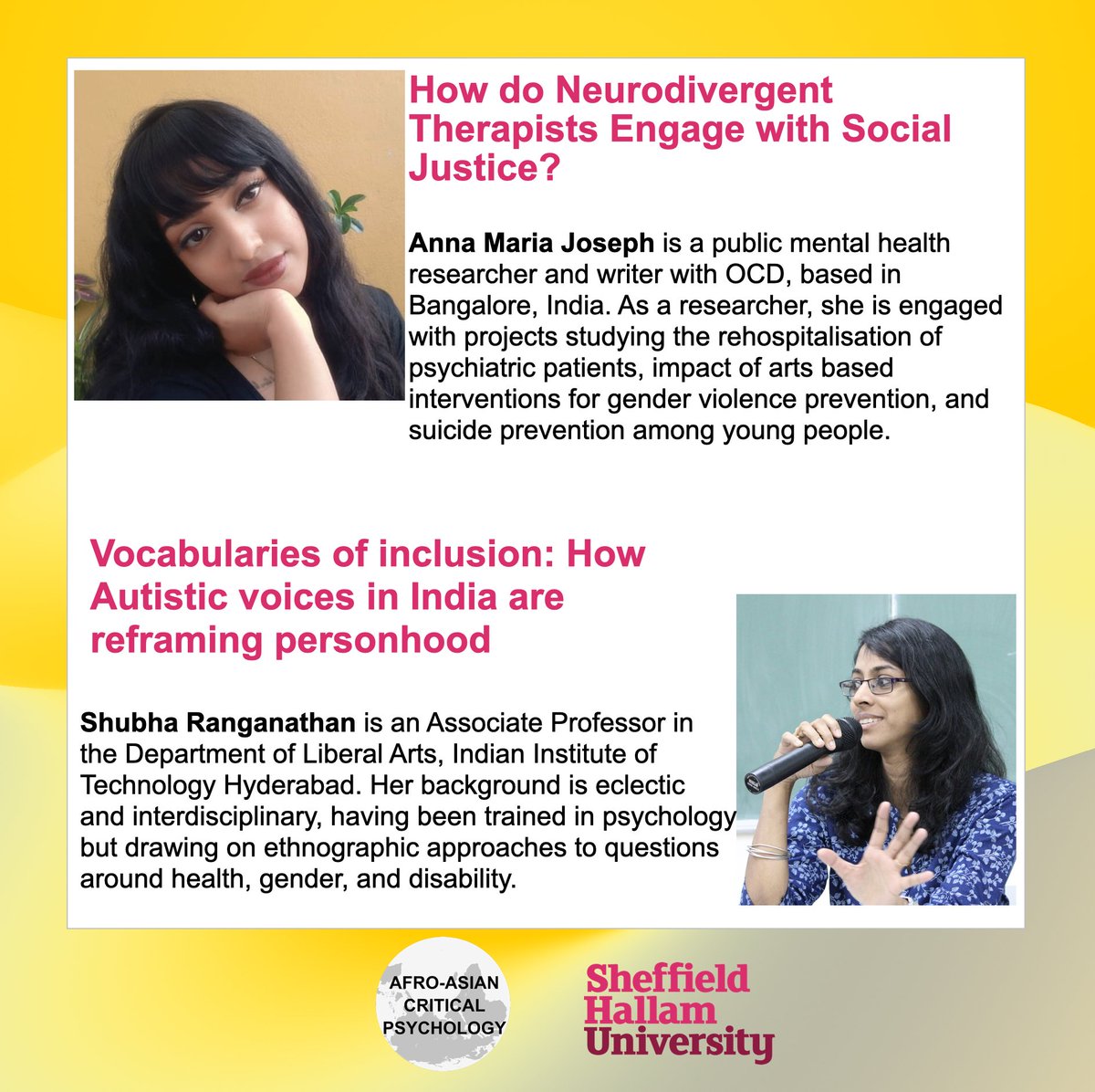 Afro-Asian Critical Psychology (@aacritpsy) on Twitter photo 'Neurodiversity in the Majority World' online seminar.
With speakers <a href="/whatnowanna/">whatnowanna (she/they)</a> and Shubha Ranganathan.
Date: 23rd July 2024
Time: 1700 hours - 1830 hours (IST)
Registration link forms.office.com/pages/response… 'Neurodiversity in the Majority World' online seminar.
With speakers <a href="/whatnowanna/">whatnowanna (she/they)</a> and Shubha Ranganathan.
Date: 23rd July 2024
Time: 1700 hours - 1830 hours (IST)
Registration link forms.office.com/pages/response…