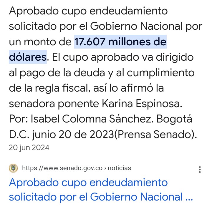 millanrussy's tweet photo. Hay varios errores e incoherencias en este tuit. Vamos en orden:

1/ Habla del crecimiento de la deuda y luego lo confunde con el pago de la misma. Son términos distintos, aunque relacionados, para empezar.

2/ El stock de deuda ha crecido, en el Gobierno Petro, de $789 billones a $913 billones. Es decir, $124 billones más en deuda. 

3/ Respecto al pago, habla de los $5.000 millones de dólares pedidos durante la pandemia al FMI, o sea $20 billones de pesos al tipo de cambio actual. Es decir, hace crecer la deuda en $124 billones de pesos y luego se queja porque debe pagar $20 billones, jaja.

4/ Y por último, se queja de los $5.000 millones de dólares que debe pagar, pero resulta que pidió ampliar el cupo de endeudamiento en $17.000 millones de dólares, o sea, más de tres veces la deuda del FMI.

Peinadito y pal colegio.