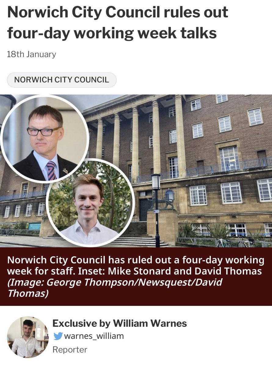 CllrAlexCatt's tweet photo. The evidence for a four-day working week is clear.

At Norwich City Council, @NorwichGreens passed a motion proposed by @THamletJosh to explore a four-day working week.

The Labour leadership crumbled and scrapped it as they were scared of the Tories (who have zero council seats) https://t.co/lk48A2WBhy