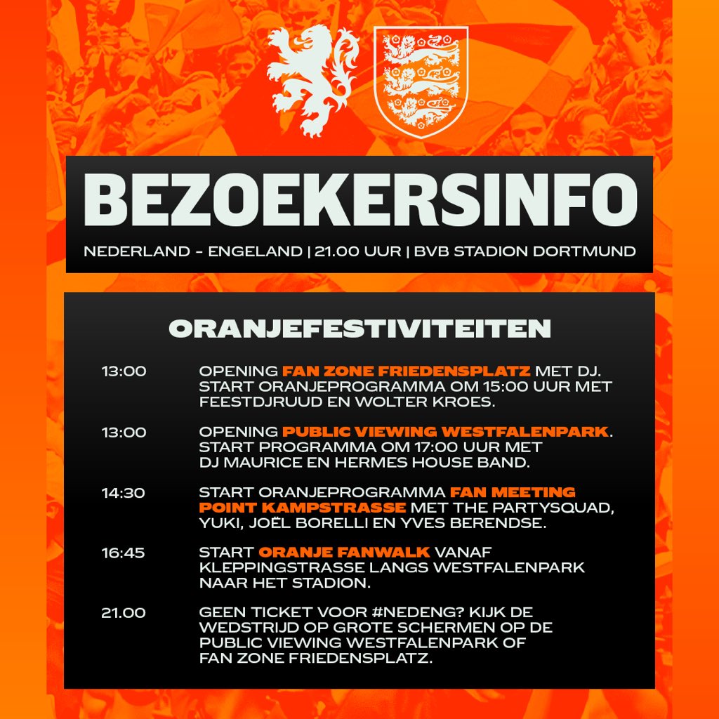 𝗦𝗮𝗺𝗲𝗻 𝗸𝗹𝗲𝘂𝗿𝗲𝗻 𝘄𝗲 𝗗𝗼𝗿𝘁𝗺𝘂𝗻𝗱 𝗢𝗿𝗮𝗻𝗷𝗲! 🧡

Check hier alles wat je moet weten ℹ️: onsoran.je/infoNEDENG

#NothingLikeOranje #NEDENG