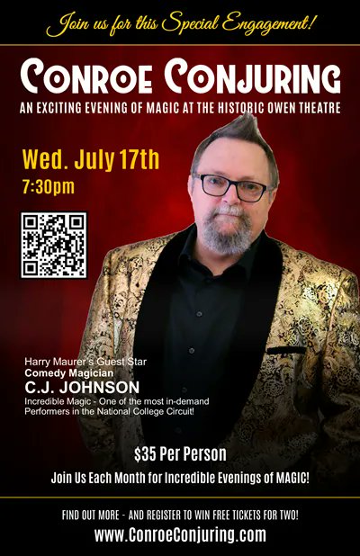 Hypnotic1's tweet photo. Wednesday, July 17th &amp; 18th I'll be in Conroe TX with 2 unique shows/2 venues.  Big Show at Owen Theater on 17th, Pallottas Restaurant with an intimate show on the 18th. https://t.co/1do2dpLRN1